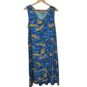 Kim Rogers Womens Sleeveless Midi Dress Sz M Cover Up Blue Scoop Neck Tropical